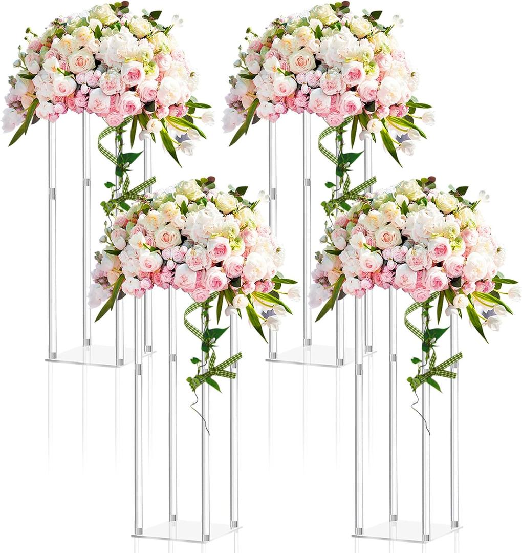 Geetery 4 Pieces Tall Acrylic Vase Wedding Centerpieces Clear Flower Stand Column Geometric Floral Vase Elegant Display Holder for Birthday Party Wedding Table Decorations (20 Inch)