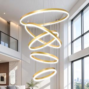 5 Rings Pendant Lights Modern Gold Led Chandelier Gold Modern Led Pendant Light Dimmable Height Adjustable Chandeliers for Dining Room Bedroom Entryway Living Room Foyer (3000K-6000K), 5Ring-23.6"
