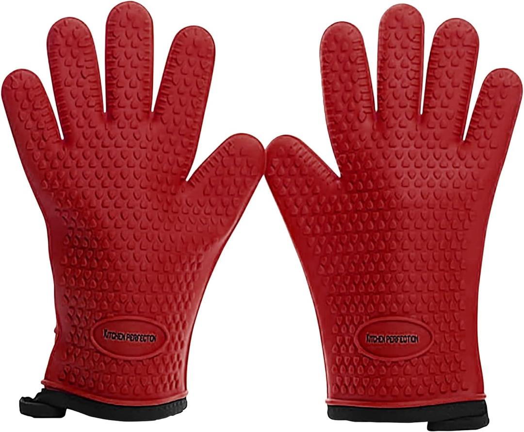 KITCHEN PERFECTION Silicone Smoker Oven Gloves - Extreme Heat Resistant BBQ Gloves - Handle Hot Food Right on Your Smoker Grill Fryer Pit | Waterproof Oven Mitts | Superior Value Set + 3 Bonuses (One Size Fits Most, Royal Red)