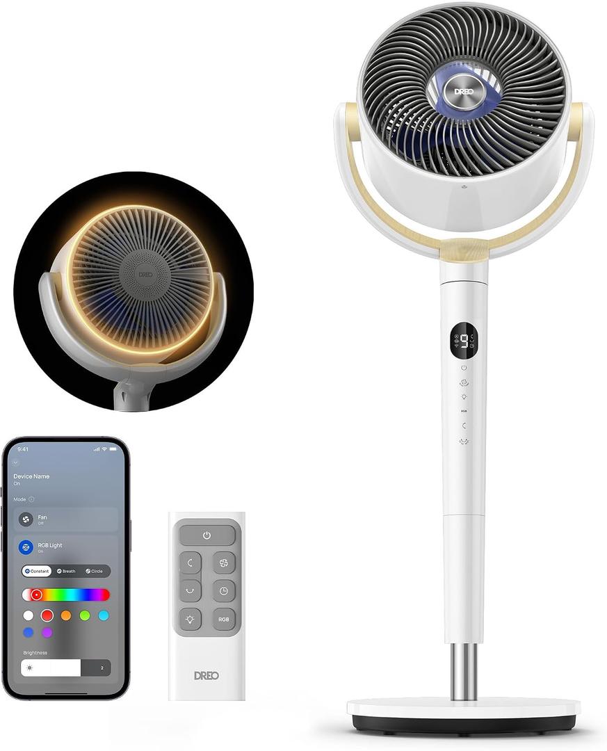DREO Smart Pedestal Fan for Bedroom, 120°+120° Omni-Directional Oscillating 100ft Quiet Airflow, RGB Light, 9 Speeds 6 Modes, 8H Timer, WiFi/Voice/Alexa, 35-40" Adjustable Height Standing Fan, White