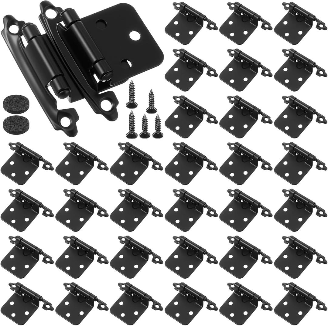 Shimeyao 100 Pack (50 Pair) 1/2 Overlay Matte Black Cabinet Hinges Self Closing Bath & Kitchen Cabinet Hinges Black Flush Mount with Door Bumpers & Upgraded Screws