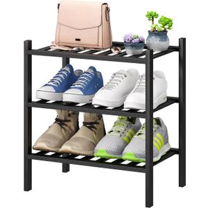 Small Shoe Rack for Entryway,3-Tier Black Bamboo Shoe Organizer for Hallway Closet, Free Standing Shoe Racks for Indoor and Outdoor
