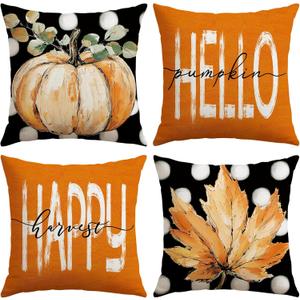 Artscope Fall Decorative Throw Pillow Covers 16x16 Inch Set of 4, Hello Happy Autumn Pumpkin Maple Leaves Harvest Outdoor Farmhouse Pillow Cases for Home Sofa Couch-Orange E
