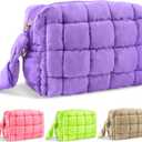 Puffer Quilted Makeup Bag Cosmetic Bags,Puffy Travel Toiletry Pouch for Women,Cute Checkered Zipper Bag Travel Essential,Portable Aesthetic Make up Organizer Bag for Gifts Work Daily(Purple,S)
