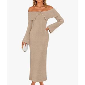 ZESICA Women's Fall Off Shoulder Sweater Dress 2026 Bell Long Sleeve Ribbed Knit Bodycon Formal Maxi Dresses, Medium