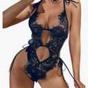SHENHE Women's Floral Lace Teddy Bodysuit Lingerie Backless Sheer Lingerie One Piece Tie String Body Suit Blue L