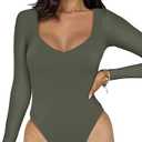 REORIA Women's Basic Sexy V Neck Double Lined Long Sleeve Slimming Going Out Thong Bodysuits Tops, Grey Green, XL