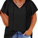 Eytino Women Plus Size Tops Boho Printed V Neck Short Sleeve Drawstring Casual Chiffon Shirts Blouse(1X-5X) (Black, XXL)
