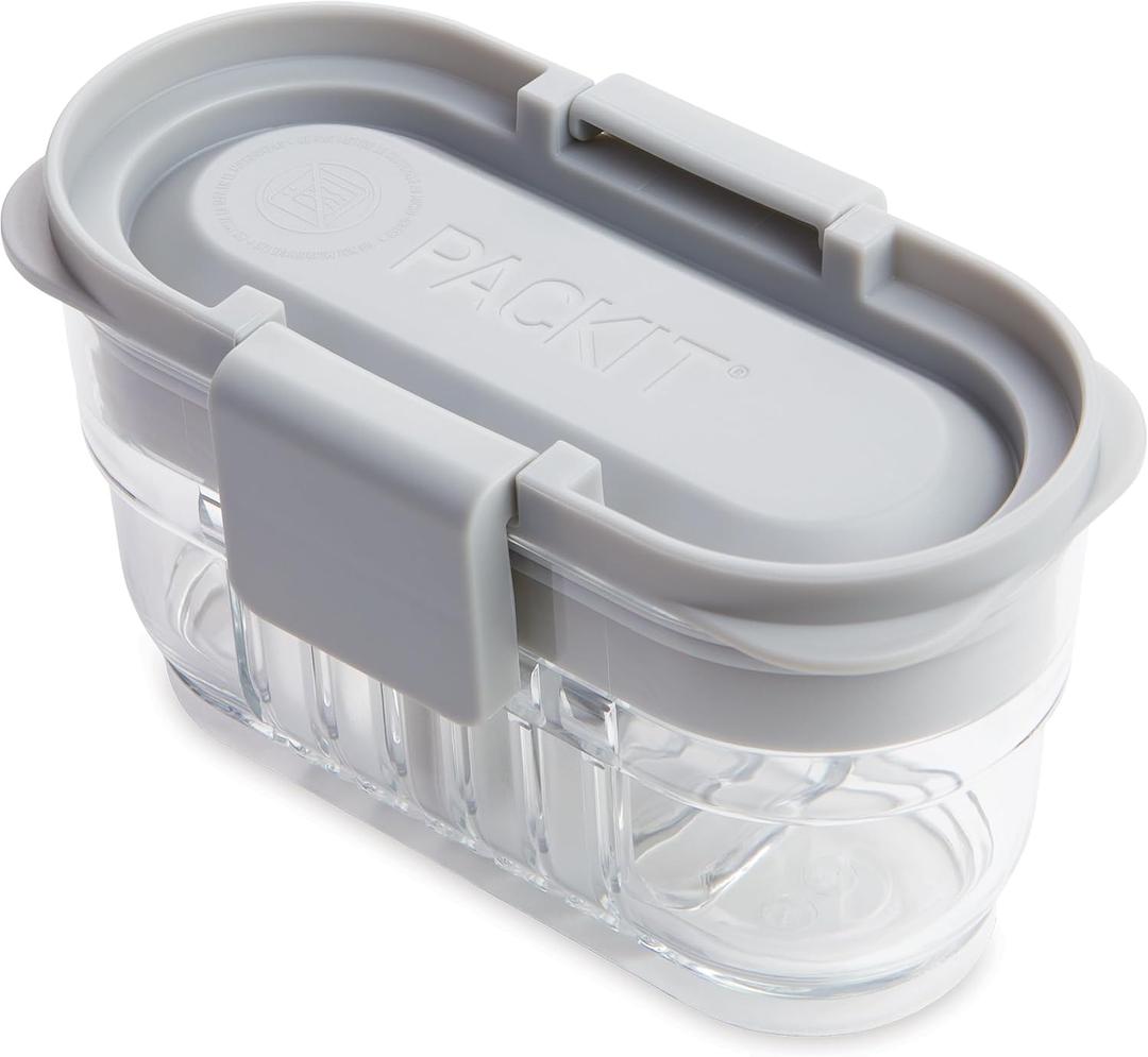 PackIt Mod Mini Bento Food Storage Container, Steel Gray, Shatterproof Crystal Clear Base, with Leak-resistant Divider and Lid, Microwavable, Dishwasher Safe, Designed for Snacks, 1 Cup Capacity