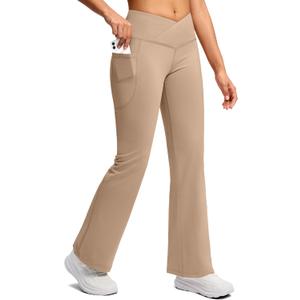 SANTINY Women's Fleece Lined Pants with Pockets Crossover Yoga Pants  Thermal Warm Flare Leggings for Women (32L, Khaki)