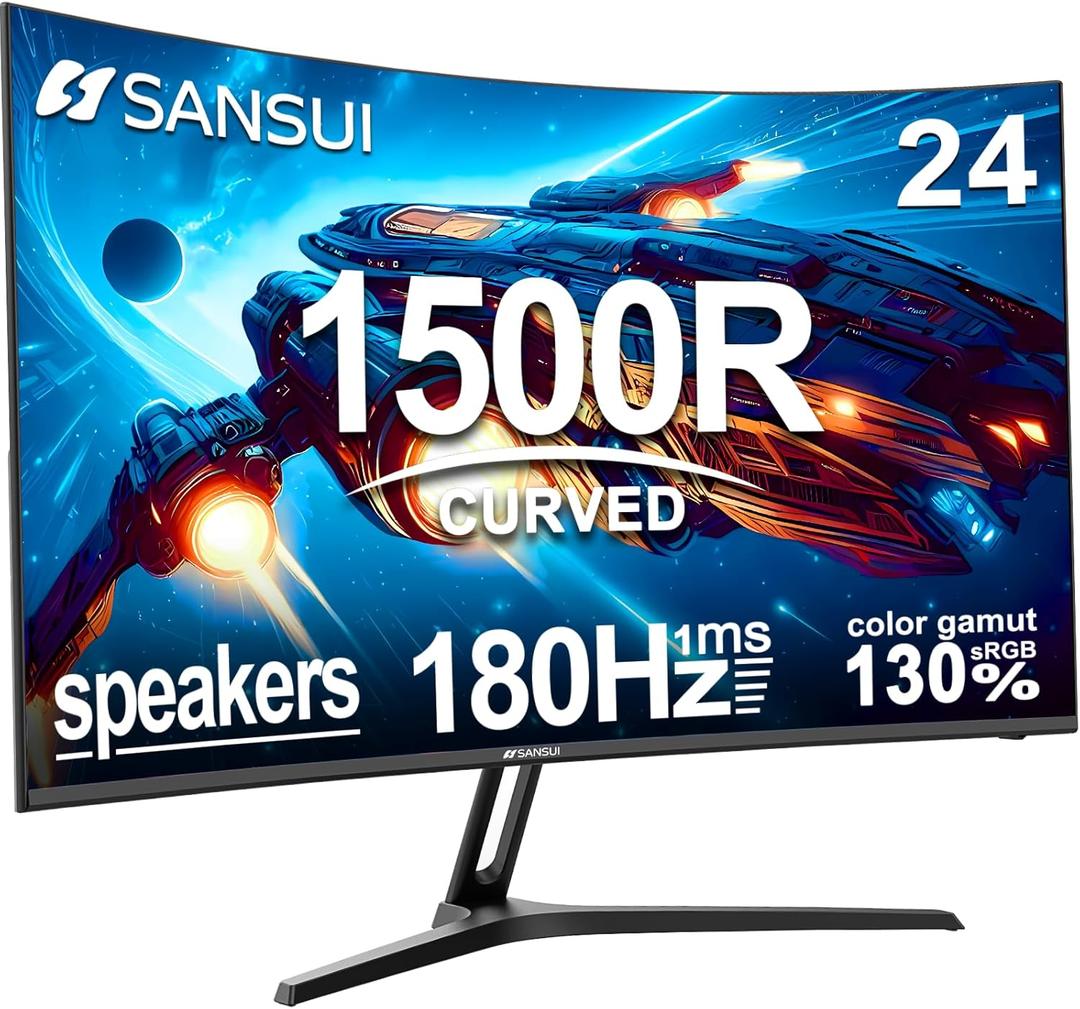 SANSUI 24 Inch Curved Gaming Monitor up to 180Hz MPRT 1ms with Built-in Speakers,FHD 1080P Computer Monitor Freesync 130% sRGB HDR,HDMI DP Ports VESA Mount Metal Stand(ES-G24C1 HDMI Cable Included)