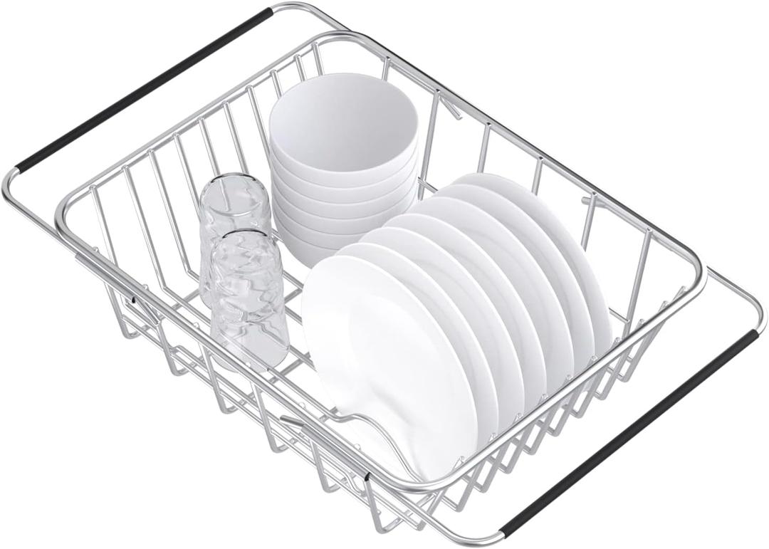 Stainless Steel Dish Rack,Expandable Deep & Large Dish Drying Rack, Over The Sink, in Sink or on Counter Dish Drainer, rustproof (Small)