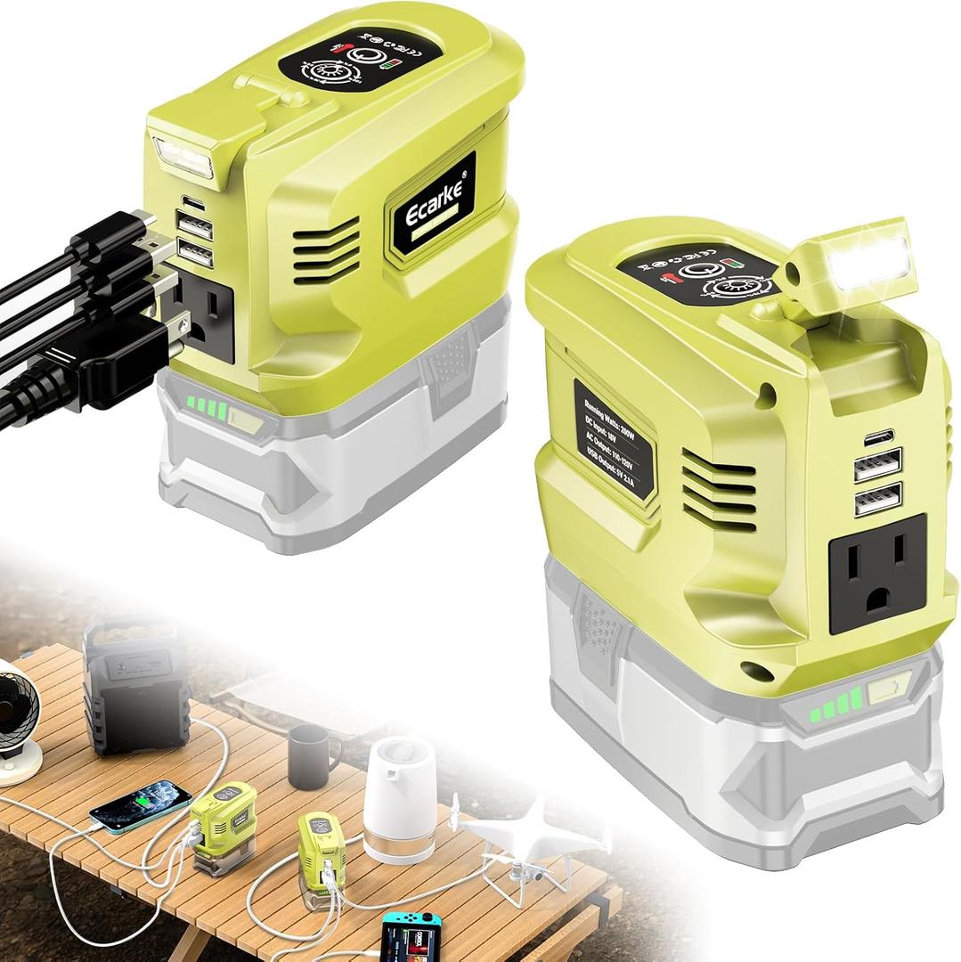Ecarke 200W Portable Power Inverter Compatible with Ryobi 18V Battery, DC 18V to AC 110V Power Station with 1 AC Outlet, 2 USB, 1 Type-C & LED Light, for Outdoor Emergency Use (No Battery)(2-Pack) (Green)