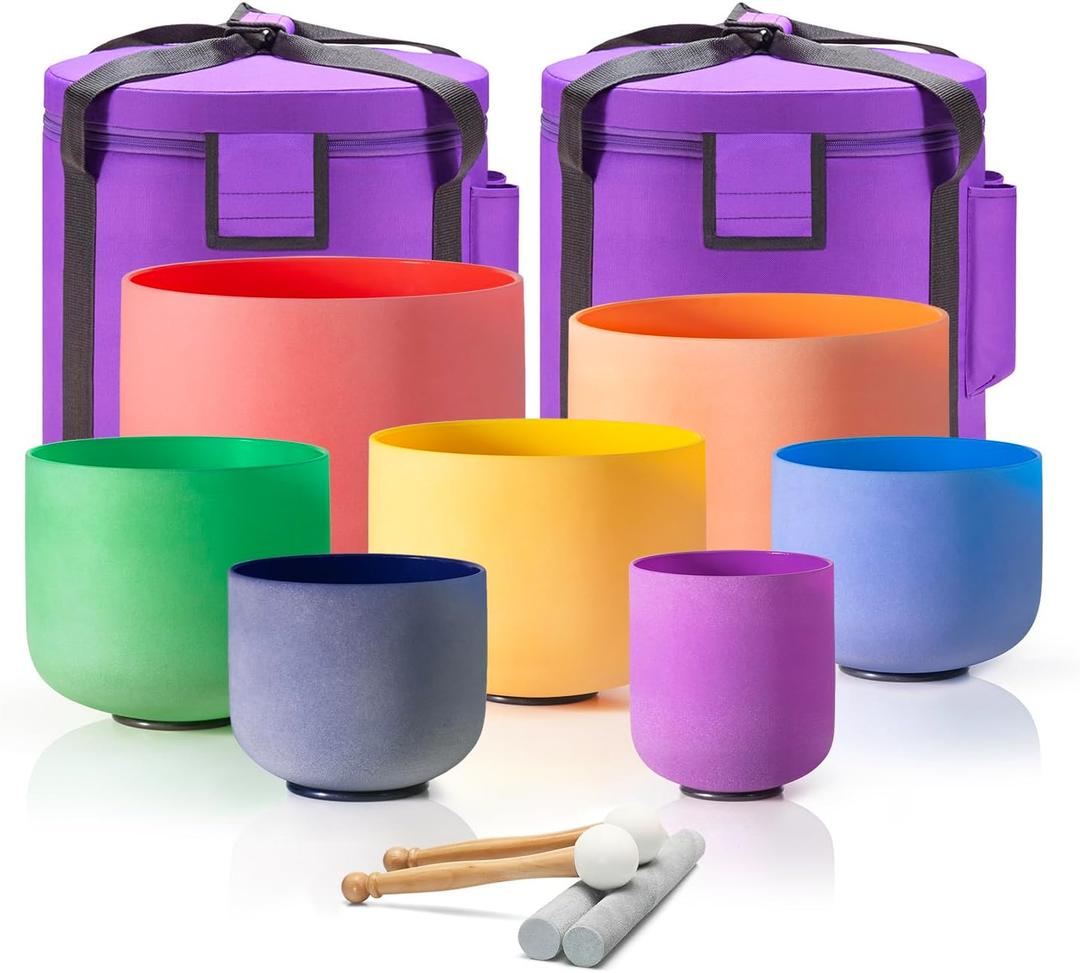 Set Of 7 PCS 440HZ 6-12 Inch Colored Frosted Chakra Quartz Crystal Singing Bowls Sound Healing Instrument with 2 PCS Travel Carry Case Bag for Meditation