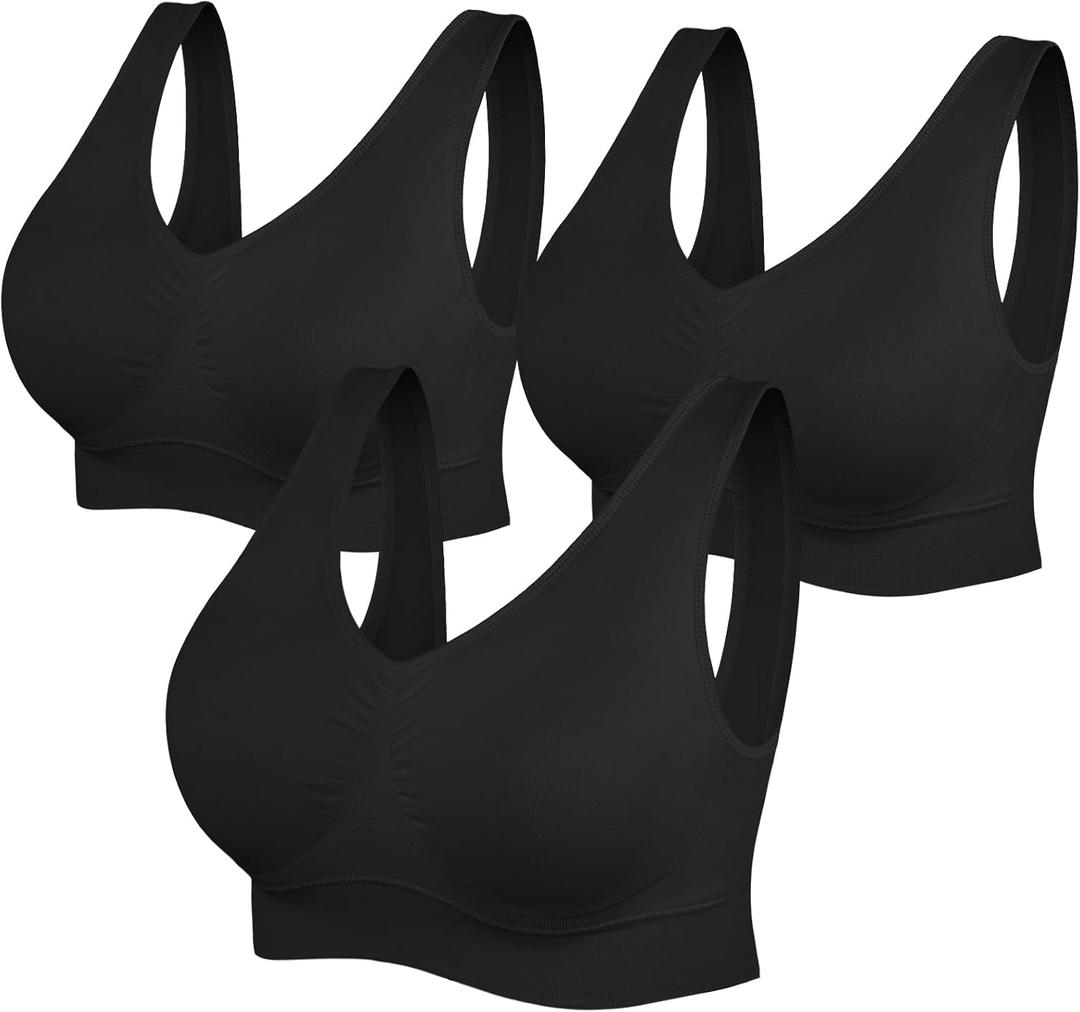 Womens Sports Bras, Yoga Comfort Seamless Stretchy Sports Bra for Women 3 Pack (Medium, Black)