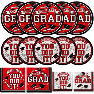 Graduation Party Supplies Dinnerware Set red Disposable dinner paper plates dessert paper plates and Napkins for Congrats Grad Party Decorations, Serve 50