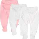 HonestBaby 3-Pack Footed Pants Roomy Fit Pull on Bottoms 100% Organic Cotton for Infant Baby Boys, Girls, Unisex (Newborn, Love Dot)