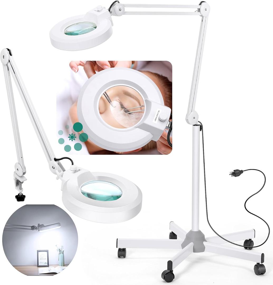 12X Super Bright 2,200 Lumens Magnifying Glass with Light and Stand, Floor Lamp with 5 Wheels Rolling Base for Lash Estheticians, Stepless Dimmable, LED Lighted Magnifier for Sewing Crafts - White