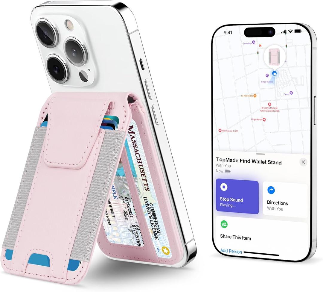 TopMade for Magsafe Wallet, Works with Apple Find My, Strongest Magnetic Wallet for iPhone 17/16/15/14/13/12 Series, Mganetic Card Holder with Adjustable Stand, RFID Blocking, 9 Cards Holder, Pink