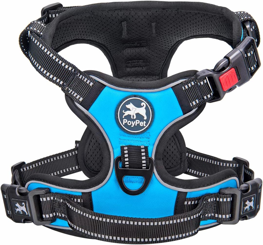 PoyPet No Pull Dog Harness, No Choke Front Lead Dog Reflective Harness, Adjustable Soft Padded Pet Vest with Easy Control Handle for Small to Large Dogs(Blue,M)