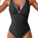 B2prity One Piece Swimsuit for Women Tummy Control Ruched Bathing Suit Push Up Tie Back Swimwear Shell Stitched (Large, Black, Blue, Pink)