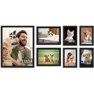 PEALSN 7 Pack Collage Picture Frames, Gallery Wall Frame Set with One 11x14, Two 5x7, and Four 4x6, Multiple Photo Frames for Wall Gallery Decor, Black