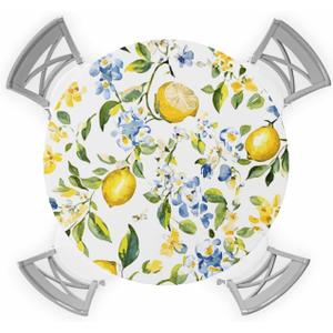Summer Lemon Round Fitted Tablecloth Farm Fruit Blue Flower Green Leaf Botanical Elastic Table Cloth Waterproof Oil Proof Table Cover Fits 45"-54" Round Tables for Party Picnic Dinner Decor