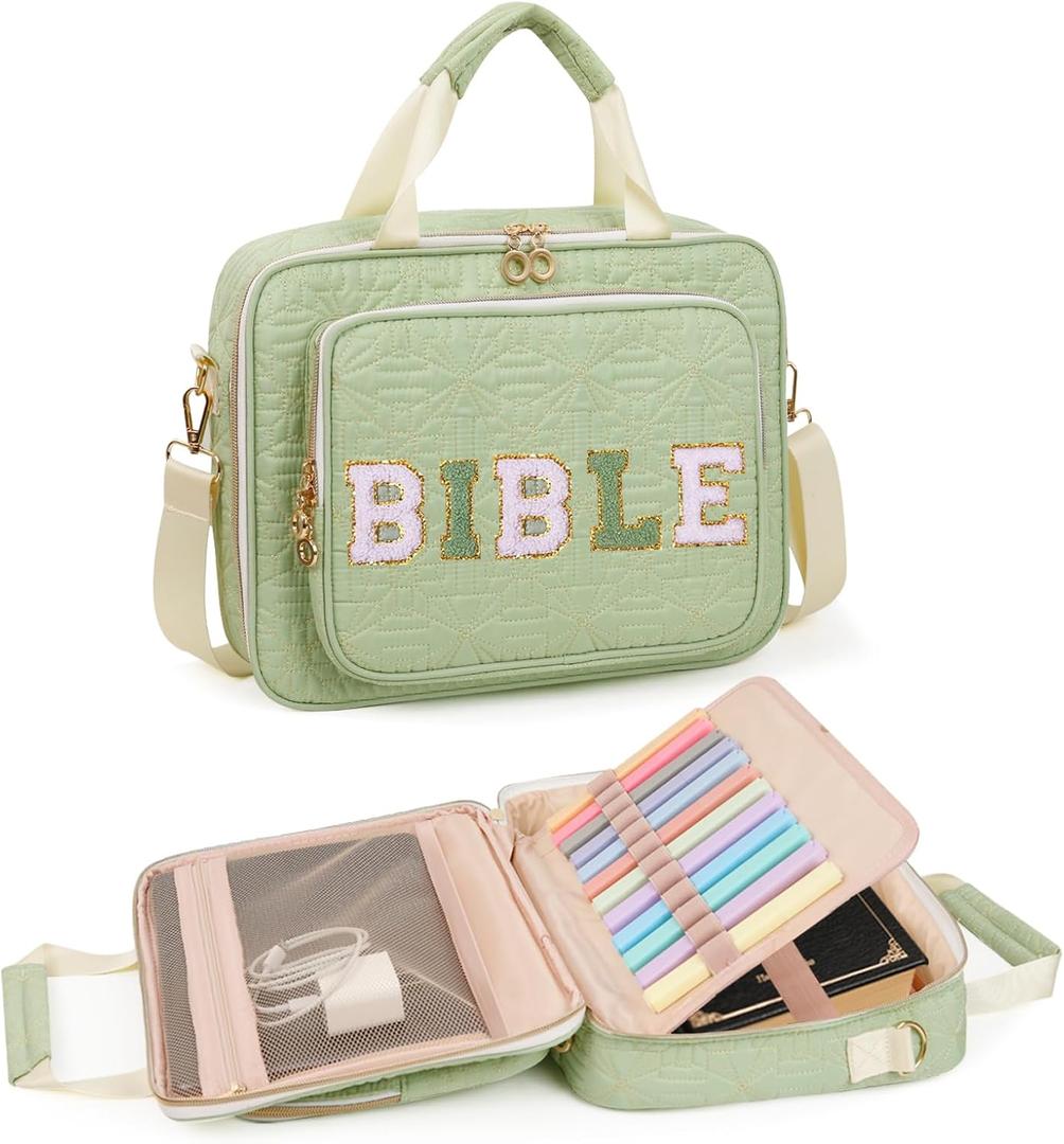 Bible Cover Case for Women Large Bible Bag with Soft Handle & Shoulder Strap, Bible Carrying Case for Women Bible Cover with Multi-Pockets, Bible Holder for Study Supplies Gift for Christian (Green)