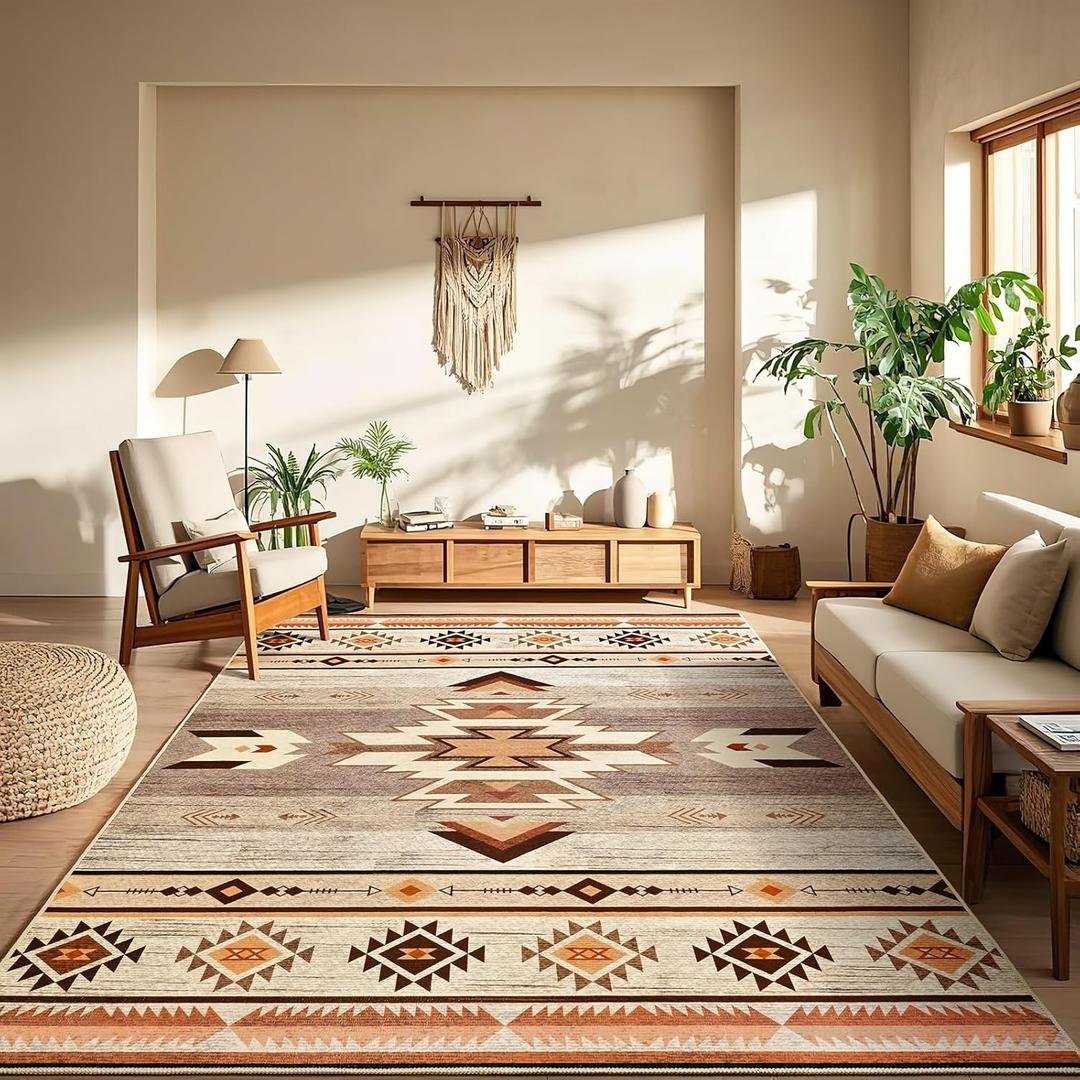 Western Rugs for Living Room, Non Slip Rustic Rug for Bedroom Dining Table Kitchen, Washable Aesthetic Area Rugs for Home Decor, 4ft x 6ft, Warm Beige