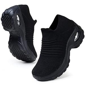 HKR Womens Walking Tennis Shoes Slip On Light Weight Mesh Platform Nursing Shoes Cushioned Sneakers All Black US 9.5 (1839 EU 42)