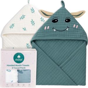 Chungie Soft Muslin Hooded Baby Towels 32x32 inches  100% Cotton, 6-Layer Breathable Newborn Bath Towels with Hood, Pack of 2 (Printed + Embroidered)