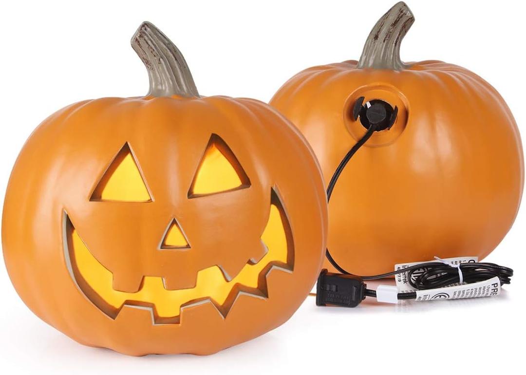 9" Jack-o'-Lantern - Halloween Light Up Pumpkin Lantern with ETL Certified Cord and 2 Safety Fuse - Indoor Outdoor JackoLantern Decoration for Halloween Party Home Décor - Round Lightened Pumpkin