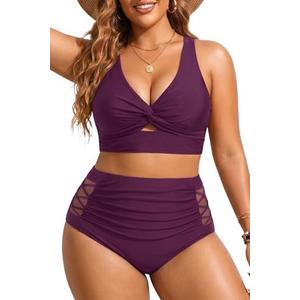Women's Plus Size Two Piece Swimsuits - High Waisted Bikini Tummy Control Bathing Suits 2025 Twist Knot Swimwear Purple 20W