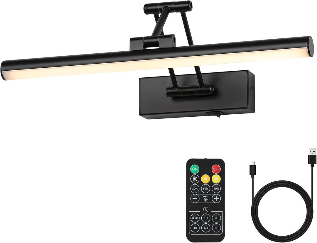 Joossnwell Battery Operated Picture Light Wireless Picture Lights for Paintings with Remote 15.5 Inch Dimmable and Timer Rechargeable Art Light Black Display Gallery Light with Adjustable Swing Arm