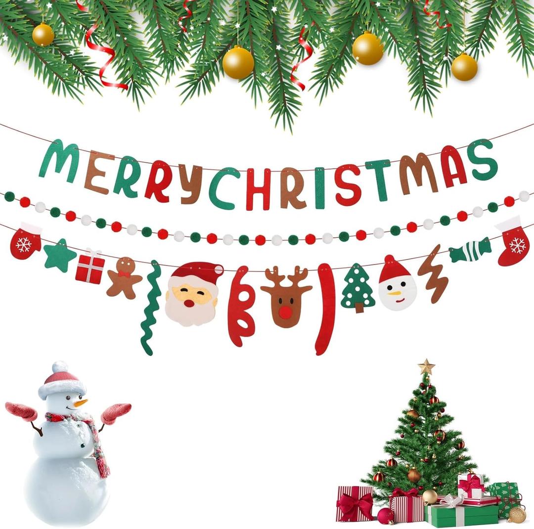 Felt Merry Christmas Banner with Ball String & Xmas Element Ornaments, Cute Cartoon Photo Props for Party, Christmas Party Decor for Enhancing Festive Atmosphere, Multicolor