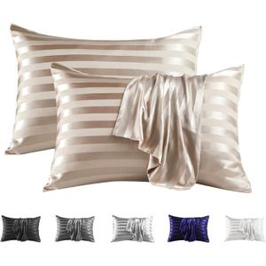 MR&HM Satin Pillowcase for Hair and Skin, Silk Satin Pillowcase 2 Pack, King Size Pillow Cases Set of 2, Silky Pillow Cover with Envelope Closure (20x36, Champagne Striped)