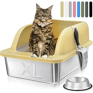 Stainless Steel Litter Box, 24'' x 16'' x 12'' Odor Control Metal Litter Box with Lid Metal Cat Litter Box with High Sides Cat Litter Box Enclosure, Anti-Leakage, Include Scoop (Cream Yellow)