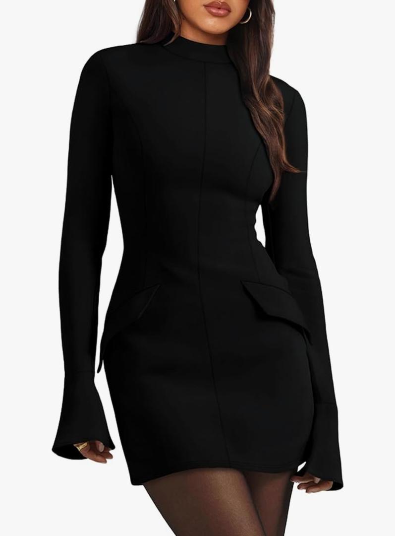 OFEEFAN Women's Fall Long Sleeve Mock Neck Dress Basic Party Club Bodycon Mini Dresses Size S