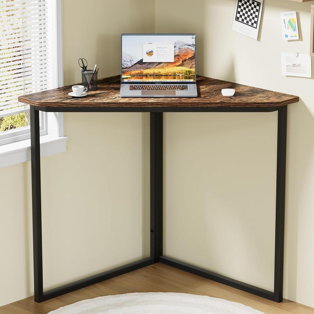 VECELO Corner Desk,Office Tables for Living Room for Small Space Triangle Computer Desk with Steel Frame Corner Shelves with Metal Frame Writing Desk for Workstation Classic Brown 33.1"