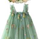 BGFKS Layered Tulle Tutu Dress for Toddler Girls, Baby Girl Rainbow Tutu Princess Skirt Set with Flower Headband.(Flower Green, 3T)