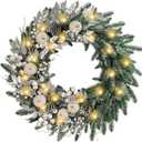 WANNA-CUL Pre-Lit 30 Inch Large Christmas Wreath for Front Door with 50 Led Lights,Silver White Lighted Christmas Door Wreath Decor with White Apples and Berries, Battery Operated