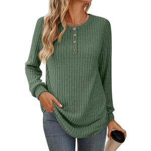 Womens Long Sleeve Henley Tunic Tops Crew Neck Pullover Sweaters Loose Fit Dressy Casual (Green, M)