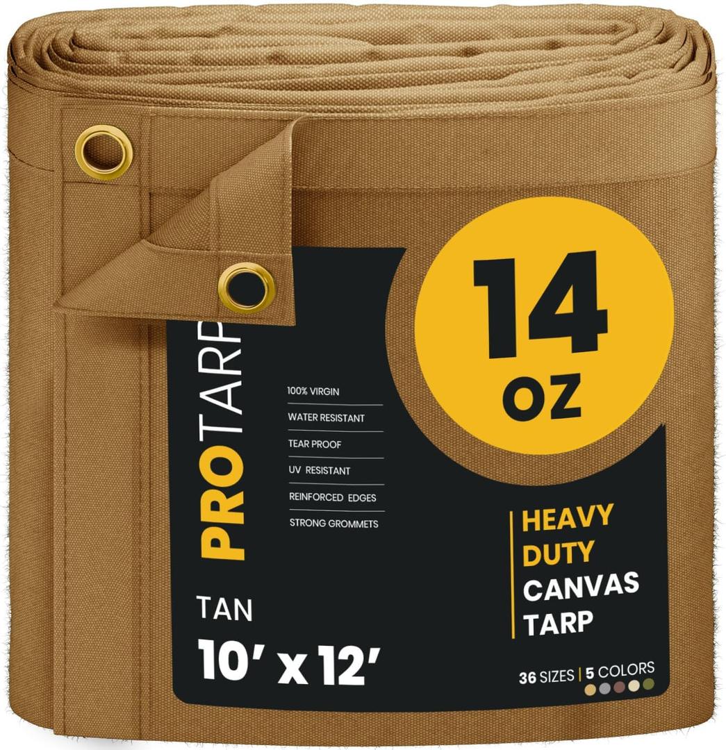 PROTARP Heavy Duty 14 OZ Water Resistant Canvas Tarp, UV Resistant Tarpaulin Cover with Rustproof Brass Grommets, Multipurpose for Canopy, Roof, Camping, Woodpile (Tan 10'X12')