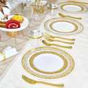 150 Count Gold Plastic Dinnerware Set, Elegant Disposable Include: 25 Gold Lace Plastic Plates, 25 Dessert Plates, 25 Forks, 25 Knives, 25 Spoons, 25 Cup, Ideal for Party, Birthday and Thanksgiving
