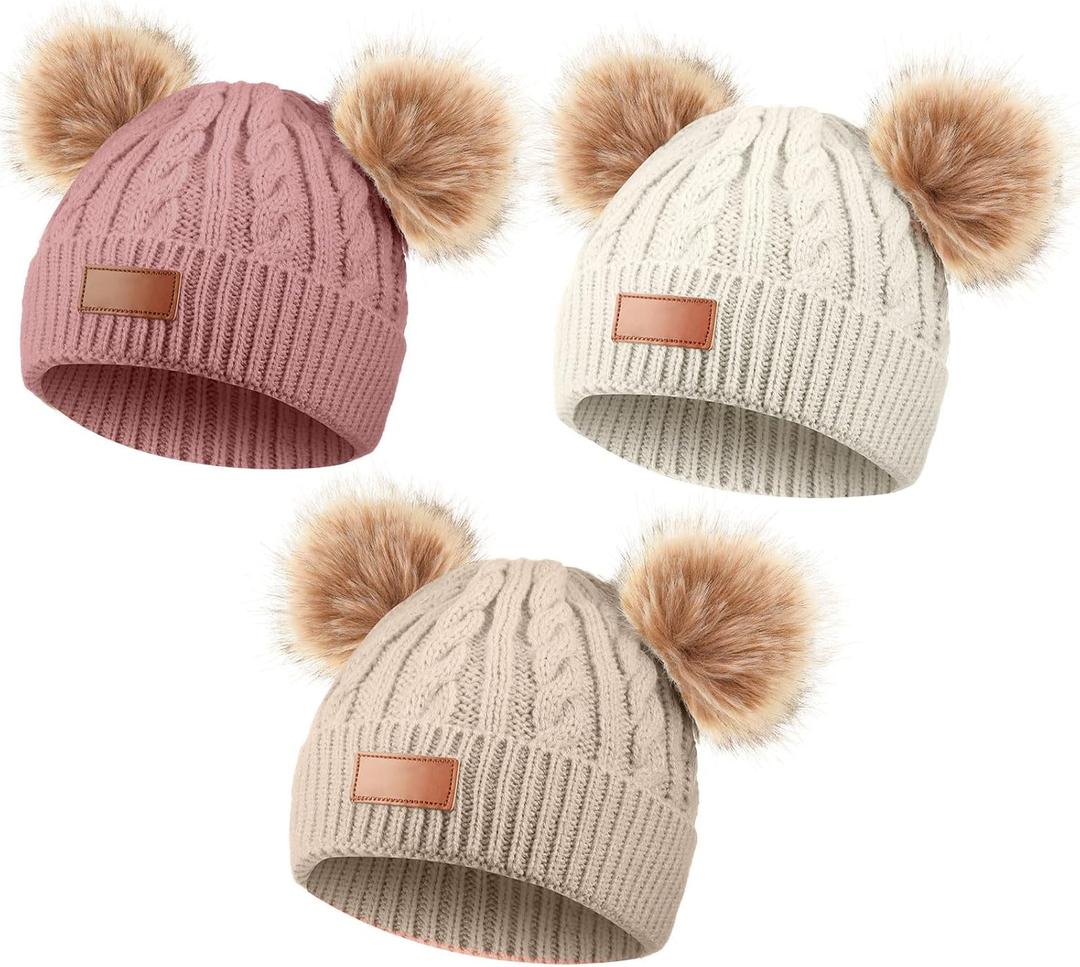 Geyoga Kids Winter Pompom Hat Knitted Ski Beanie Hat Pom Pom Beanie Cap for Girls Boys, for 0-13 Years Old (Large, White, Khaki, Pink)