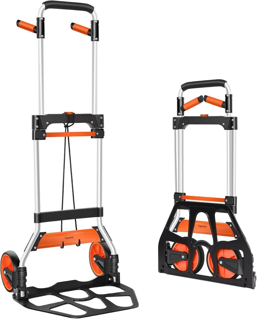Teprovo Dolly Cart, 309 lb Aluminum Folding Hand Truck with Swivel Handle, Heavy Duty Utility Dolly Foldable Trolley with Elastic Cord, 7 Inch Wheels for Moving, Warehousing, Shopping and More