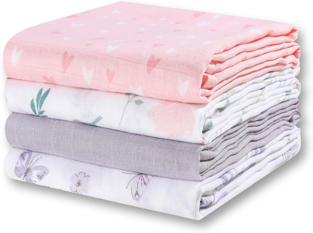 Little Grape Land Muslin Swaddle Blankets 47''x47'' 4 Pack, 100% Cotton Large Size Baby Swaddles for Newborn, Soft Breathable Baby Blankets for Newborns, Butterfly&Bunny