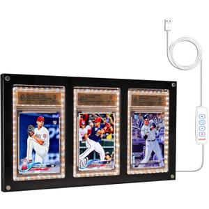 LED Acrylic Graded Card Display Frame for Collection - 3-Slot Light Up Case Compatible with PSA Slabs - 3-Color USB Backlight Wall & Desk Holder for TCG & Sports Cards (Black)