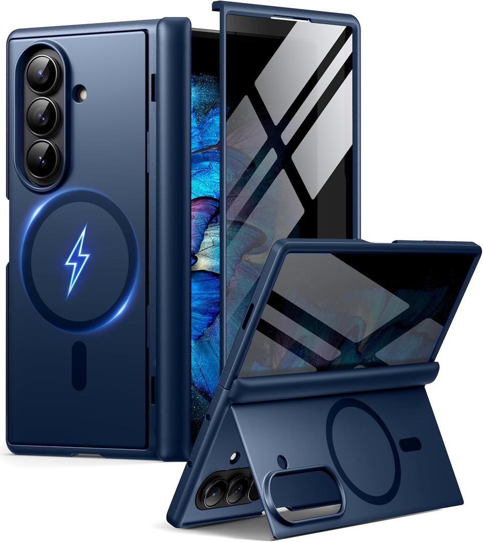 BERFY for Samsung Galaxy Z Fold 7 Case with Privacy Screen Protector, [Compatible with MagSafe][Anti Spy] Built-in Hidden Kickstand, Full-Body Shockproof Slim Phone Case for Z Fold 7, Blue