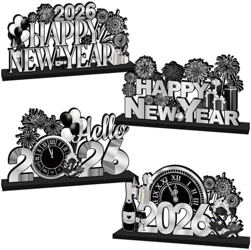 4Pcs New Years Decorations 2026 Wooden Table Decorations Black Silver New Years Eve Party Supplies 2026 Happy New Year Table Centerpieces for Nye decorations 